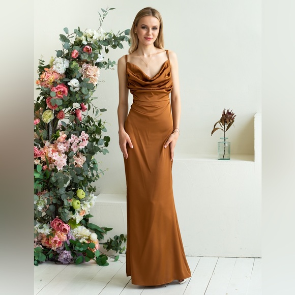 ❗️NEW❗️ Rust Spaghetti Strap Cowl Neck Long Silk Dress - Picture 2 of 9